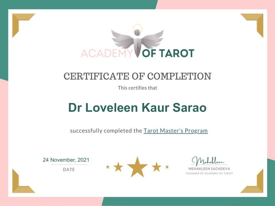 Certificate of Completion, Tarot Master's Program, Academy of Tarot, awarded to Dr Loveleen Kaur Sarao on 24 November 2021